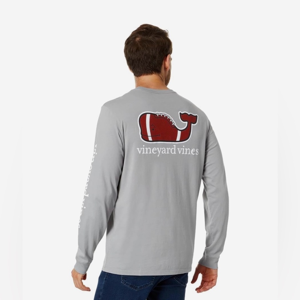 Vineyard Vines Football Whale Long Sleeve Logo Pocket Tee Heather Gray Large